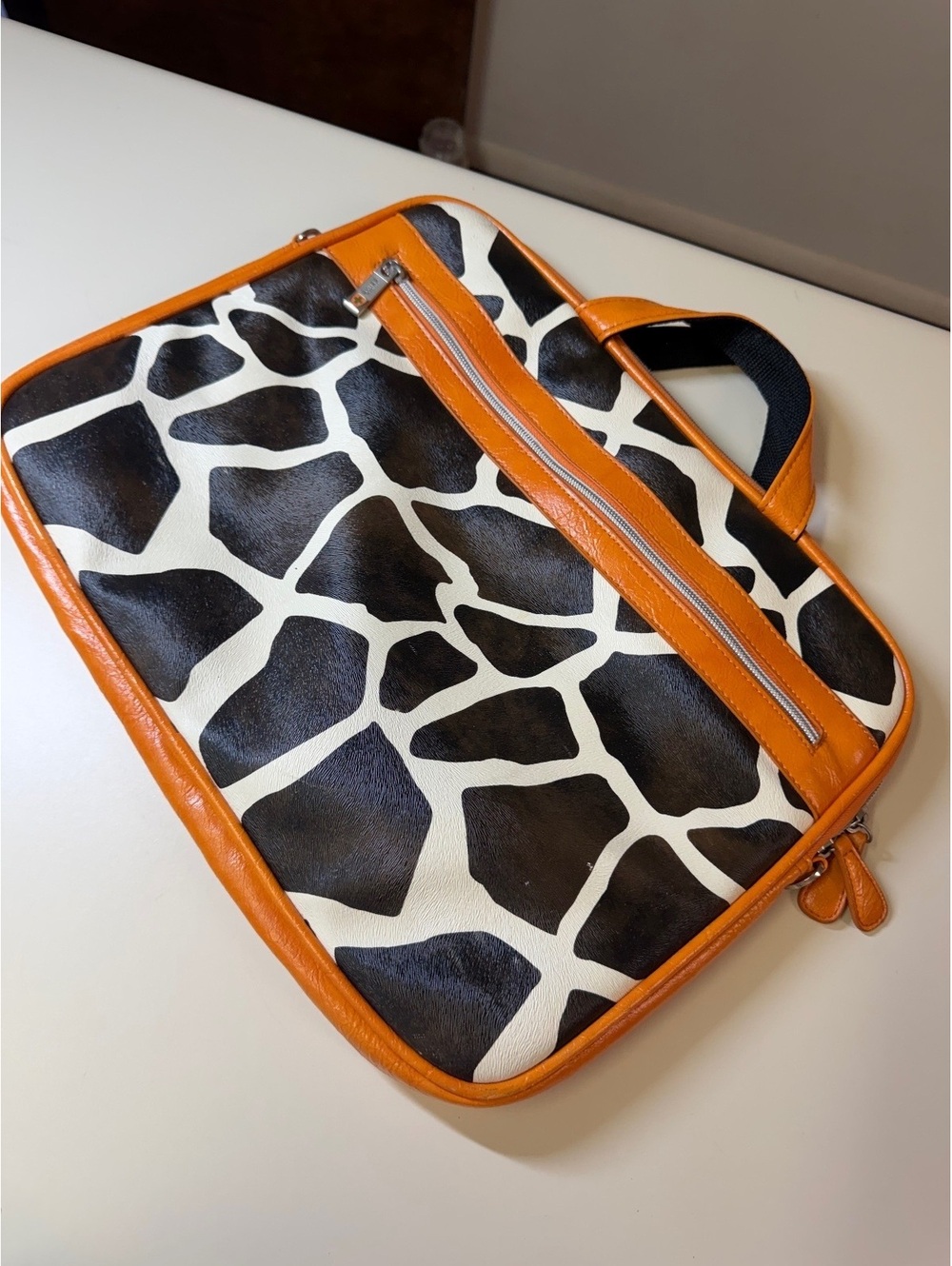 Swiss Mobility Giraffe Print Laptop Sleeve with Orange Leather Trim